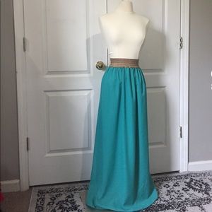 Teal maxi skirt with gold elastic high wasted