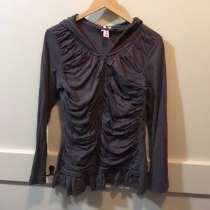 Downeast grayblue shirred front hooded zip top