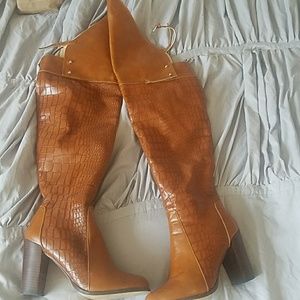Brown faux leather over-the-knee boot