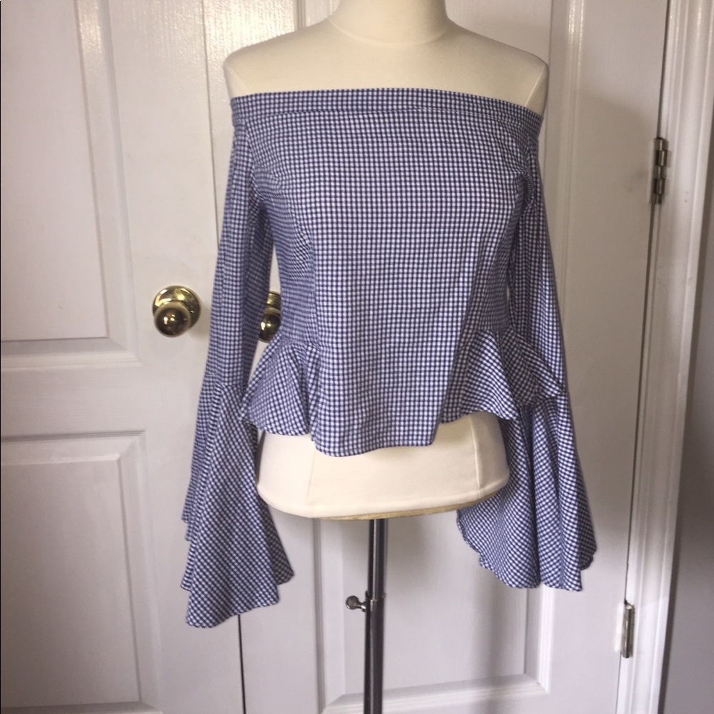 Gingham off the shoulder with bell sleeves boohoo