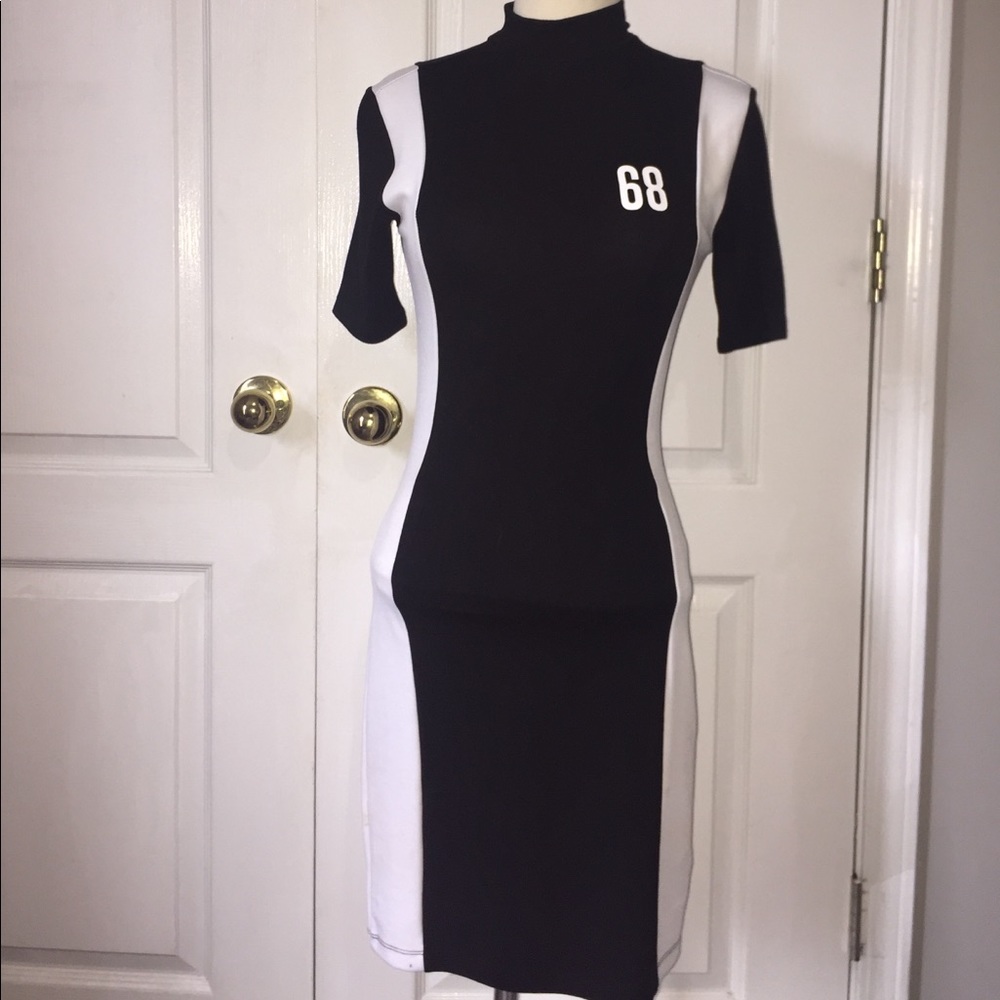 Black and white body on above the knee dress