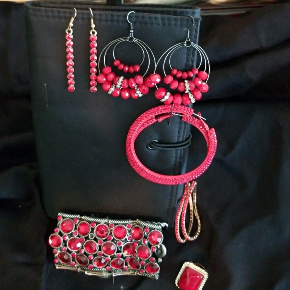 All Red 3 or Earrings, 3 Stretch Bracelets and Rin