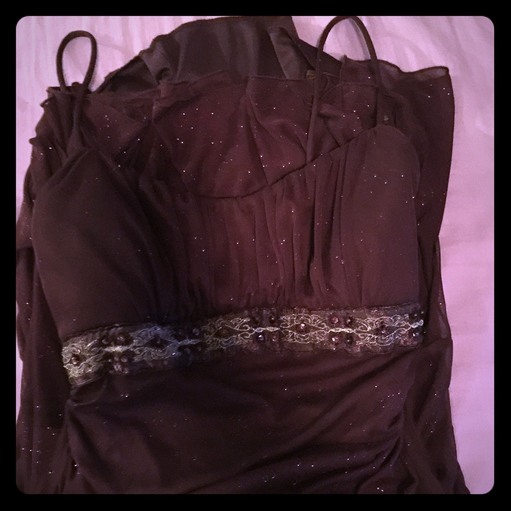 Sparkly purple spaghetti strap dress.
