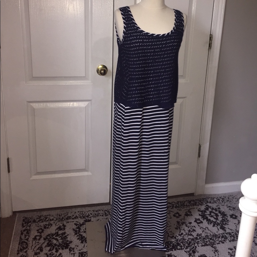 Navy and white stripes maxi dress with lace detail