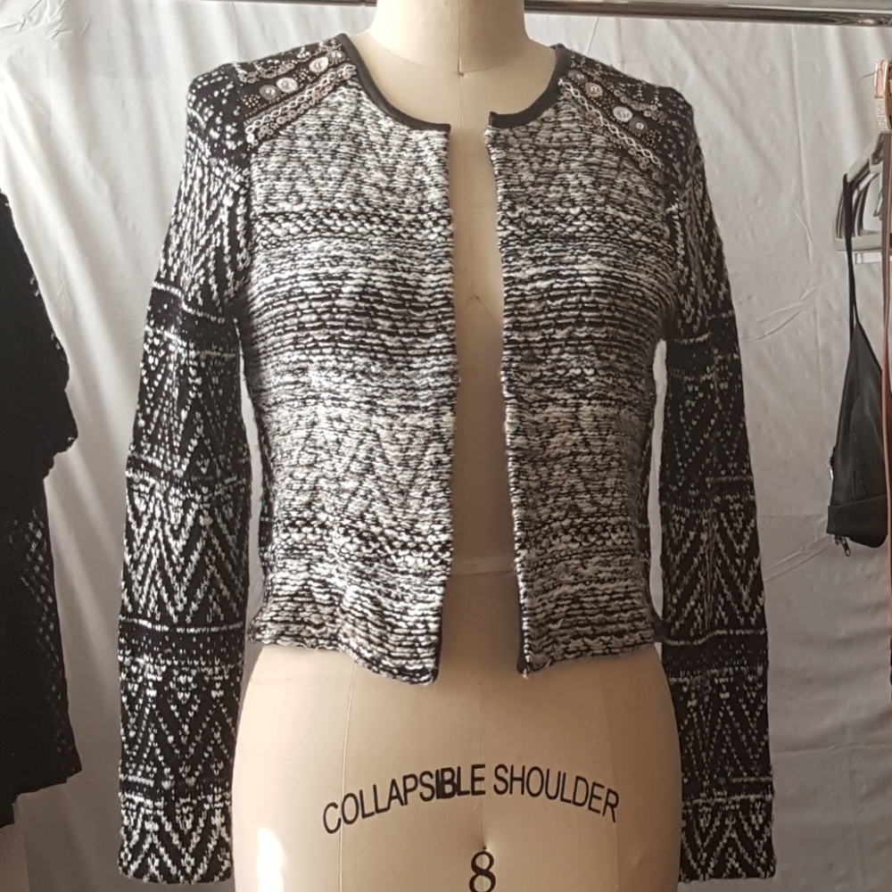 Black White Grey Gold Tweed Blazer Cardigan Jacket