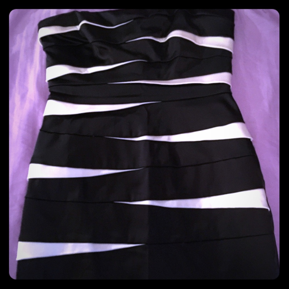 Designer strapless dress.