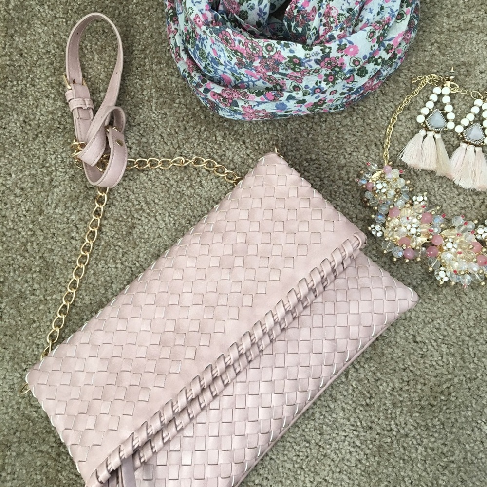 Beautiful vegan blush woven fold over clutch
