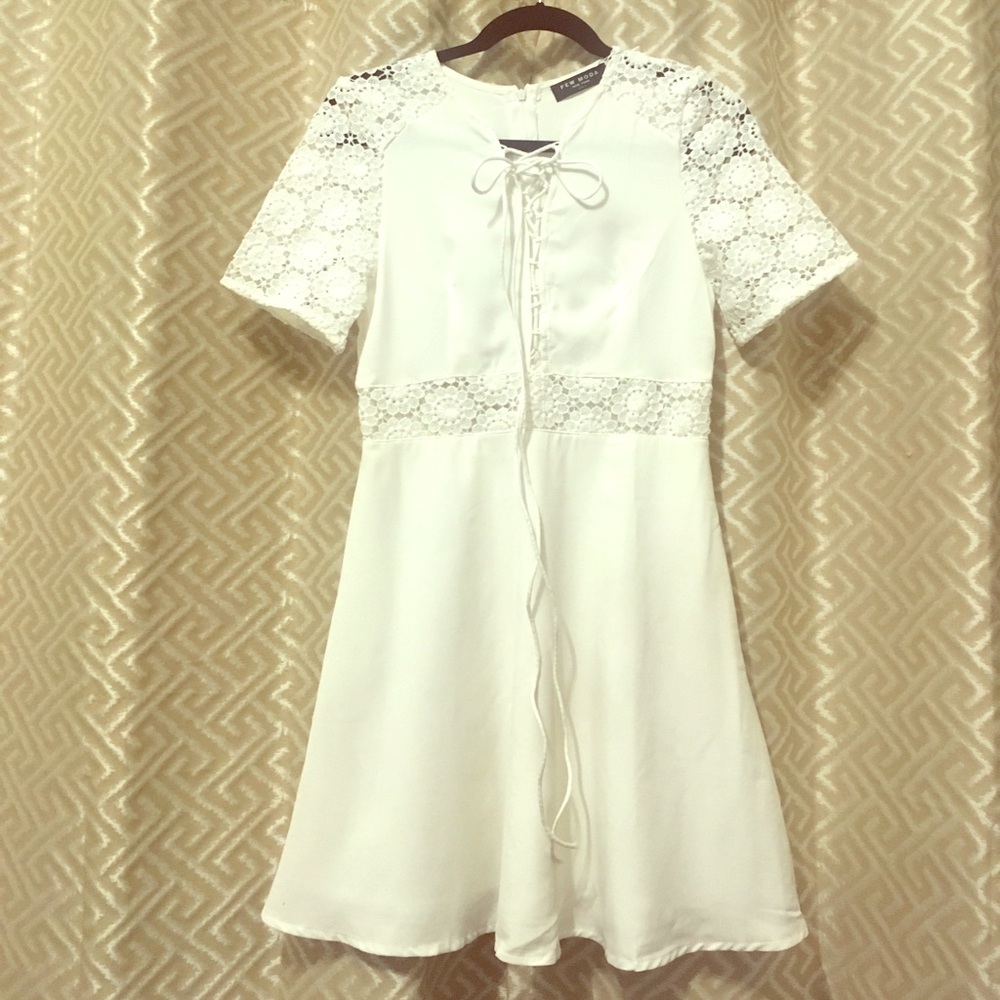 White mini dress with crochet knit accents