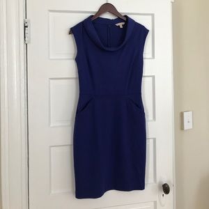 Blue sheath with pockets and cowl neck