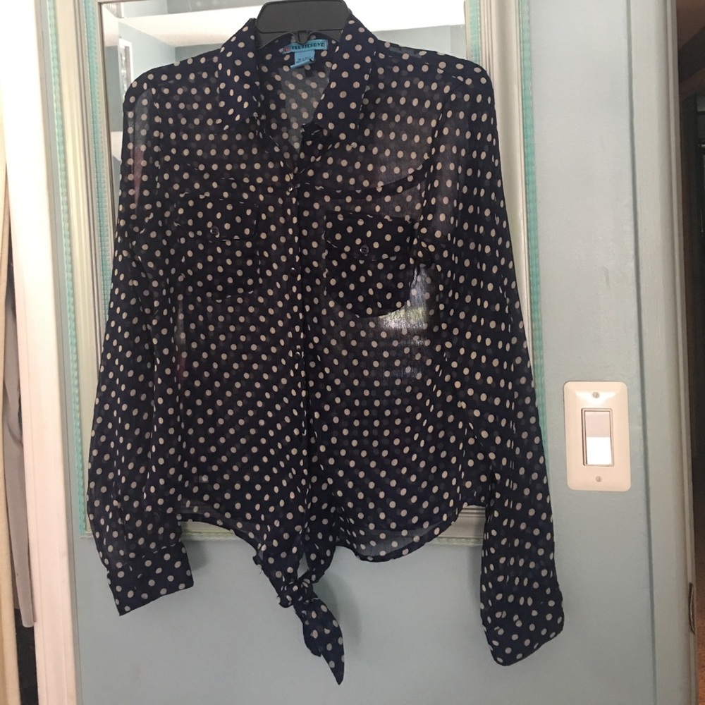 Blue and white poke a dot tie blouse