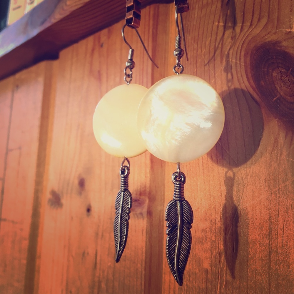 Handmade Carved Feather & MOP Shell Earrings