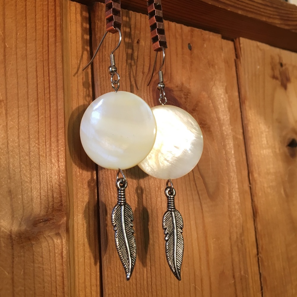 Handmade Carved Feather & MOP Shell Earrings - Picture 2 of 4