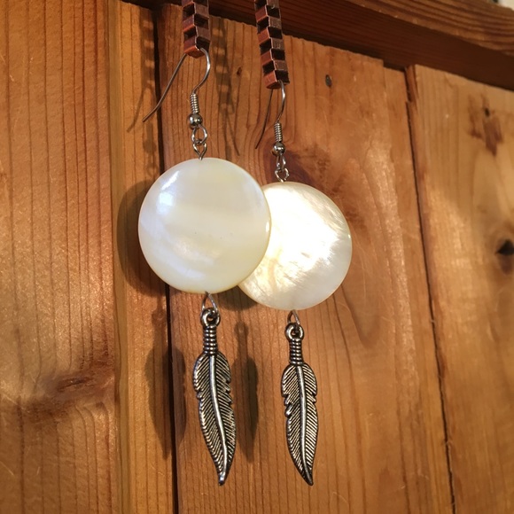 Handmade Carved Feather & MOP Shell Earrings - Picture 2 of 4