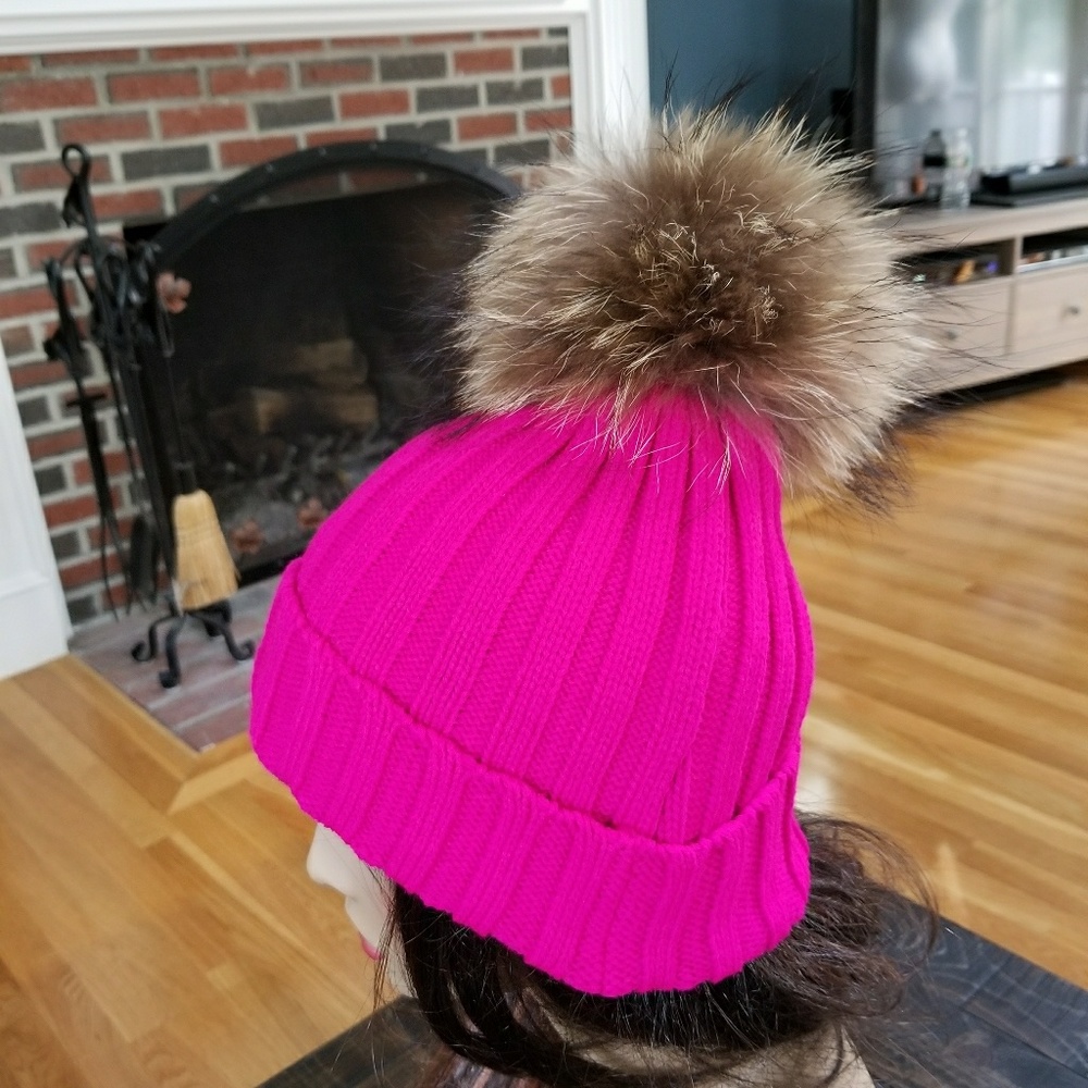 Last One!! Fuschia Warm Winter Knit Hat w Genuine Fur Pompom