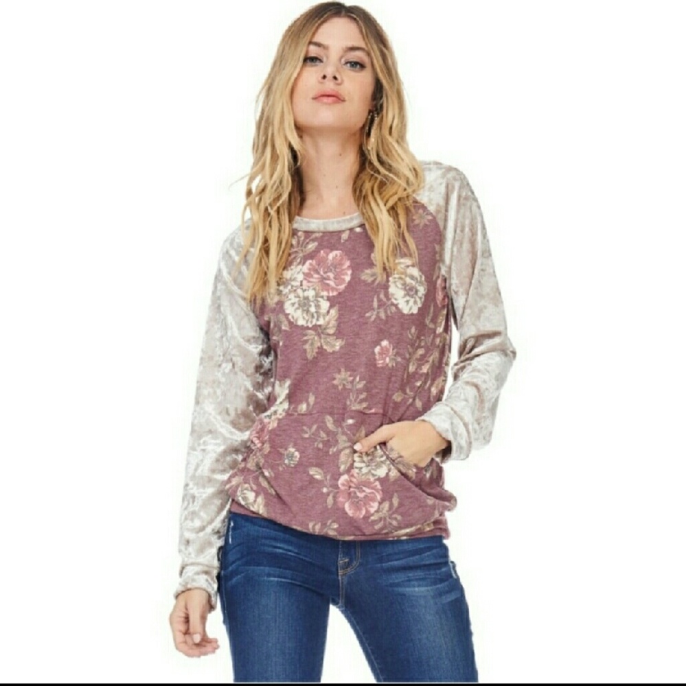 VELVET SPLICED TOP,BURGUNDY
