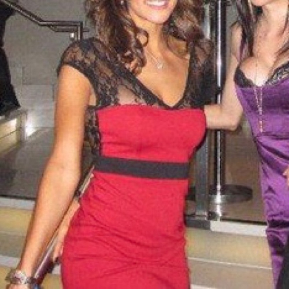 Super sexy red mini dress with black lace trim