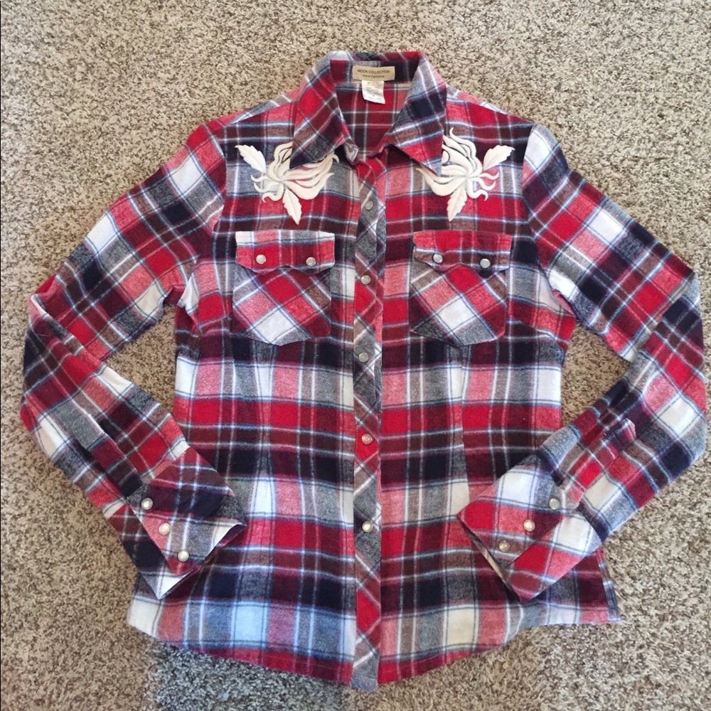 Plaid flannel shirt with flowers embroider, size M