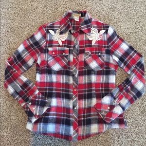 Plaid flannel shirt with flowers embroider, size M