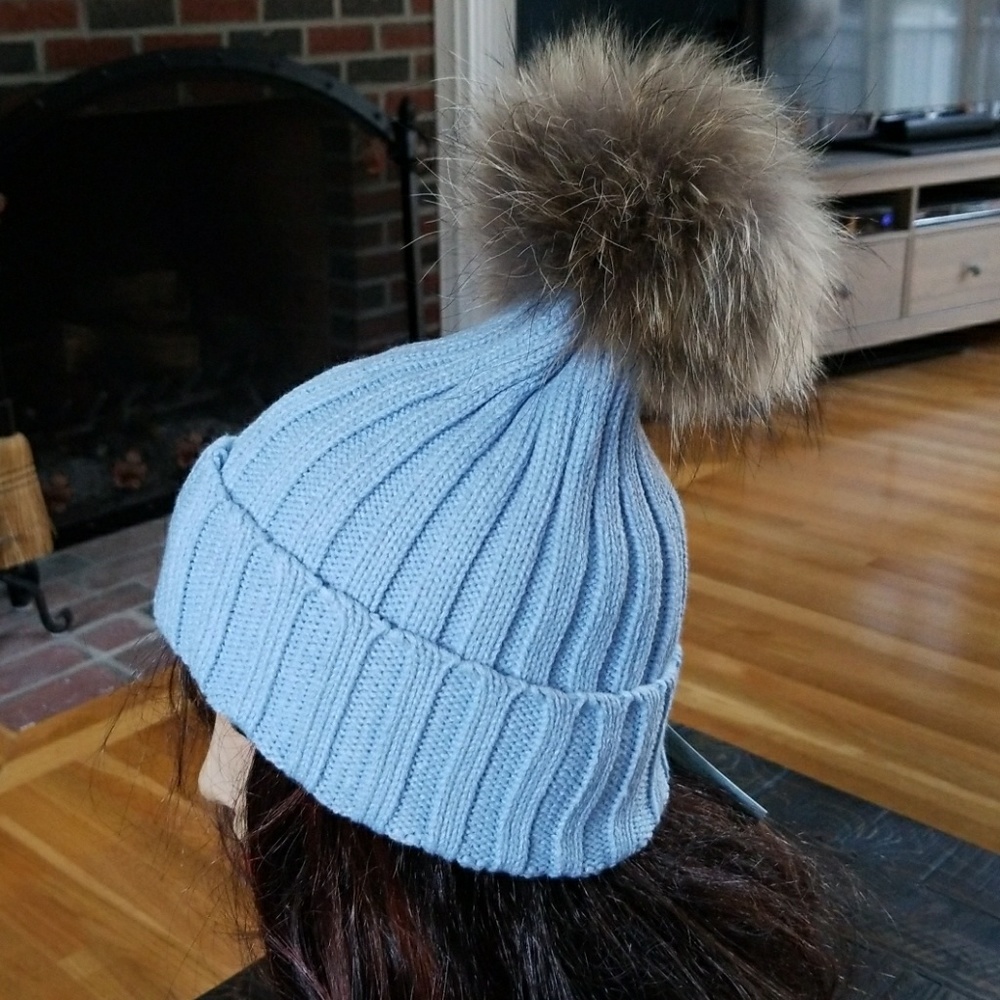 Light Blue Winter Knit Hat w Genuine Fur Pompom