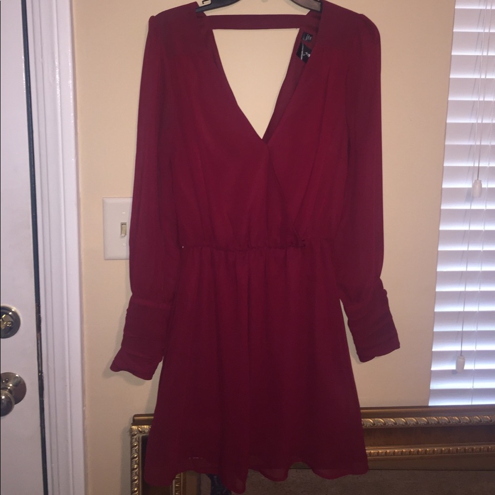 Crimson red flowy dress with sheer sleeves