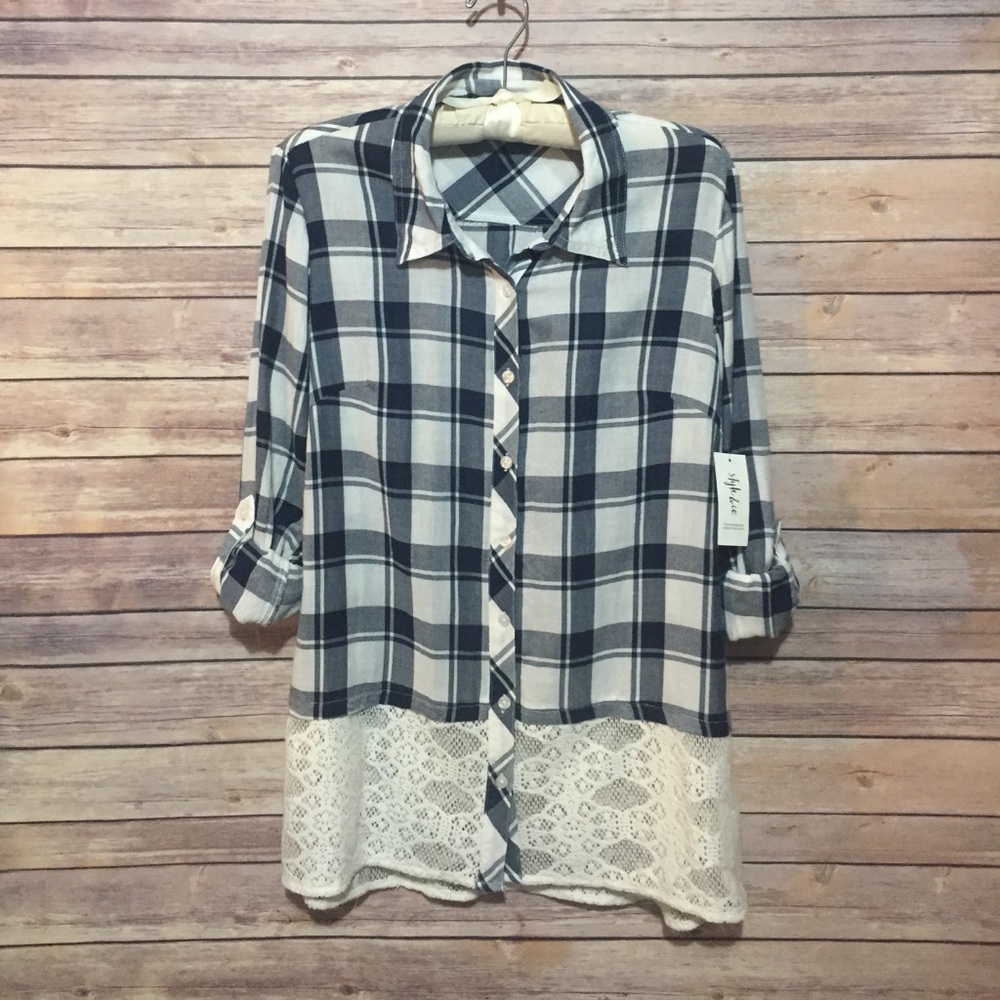 SOLD Style & Co. Blue Cotton Lace-hem Plaid Shirt
