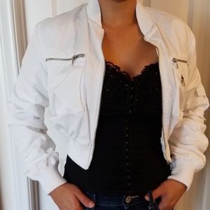 White Cropped Bomber Jacket