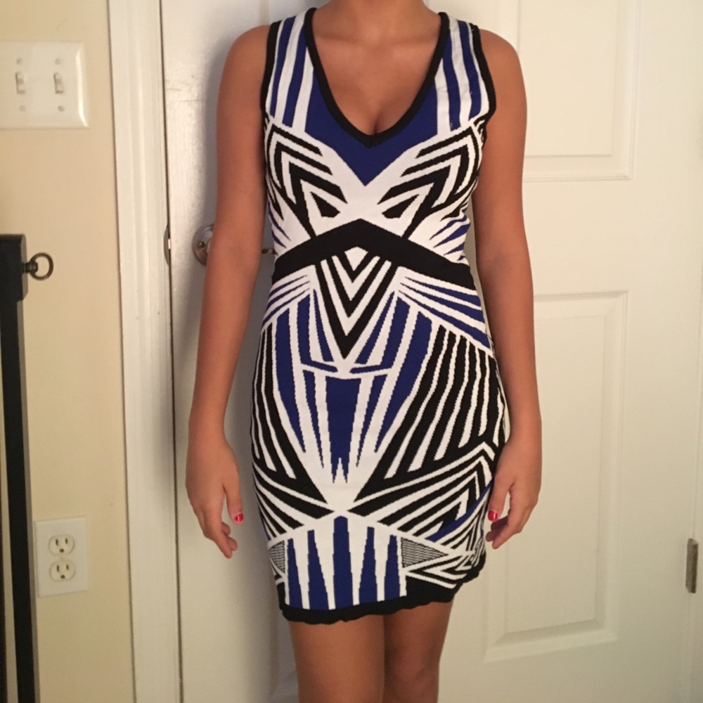 Black, blue, and white dress