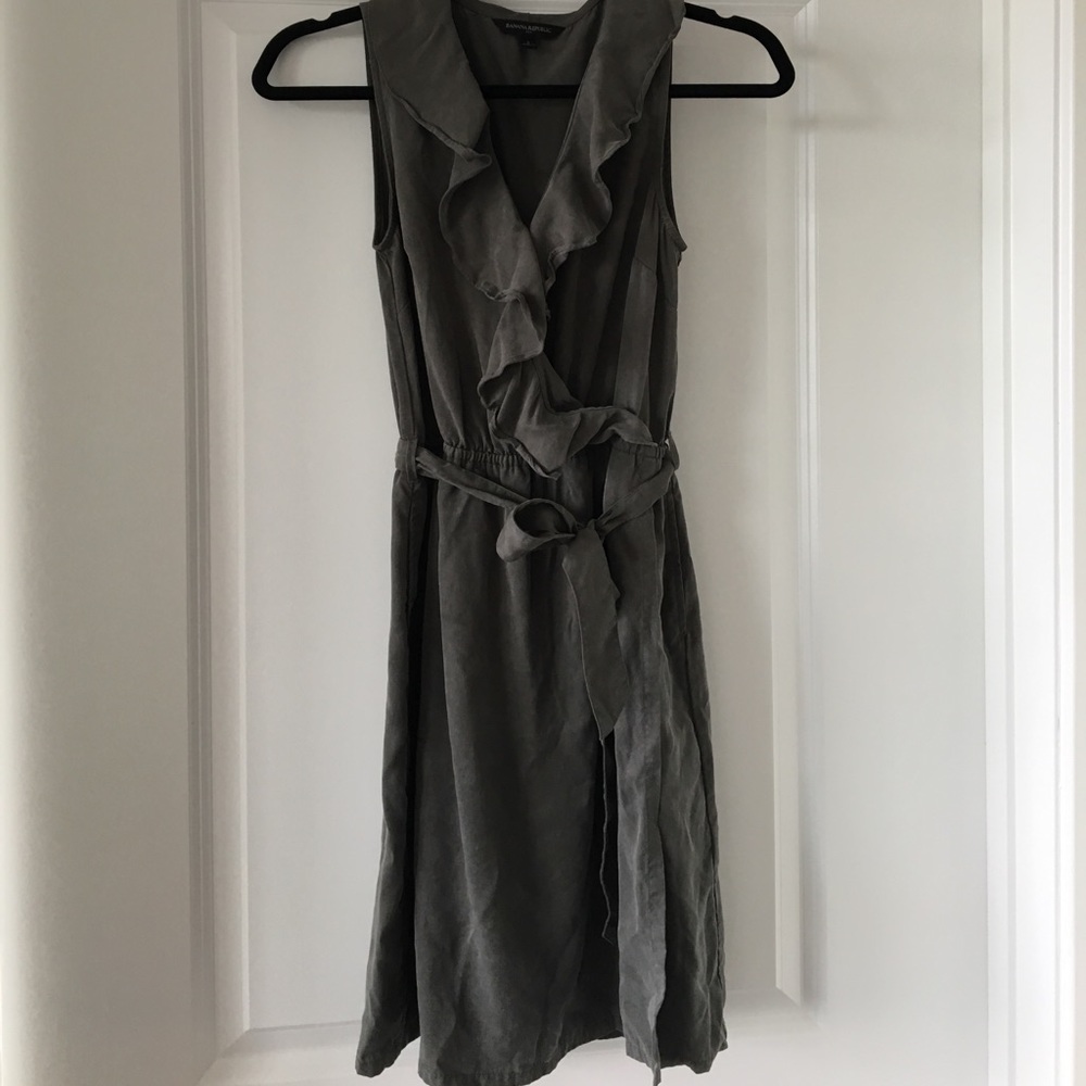 Banana Republic Wrap Ruffle Dress in Khaki Green