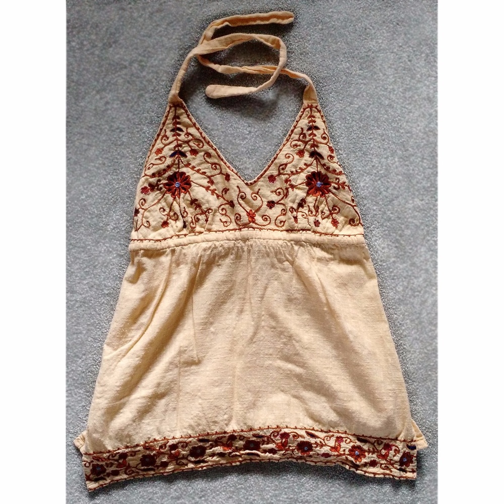 Prana Yellow gauze Halter Top w embroidered flowers