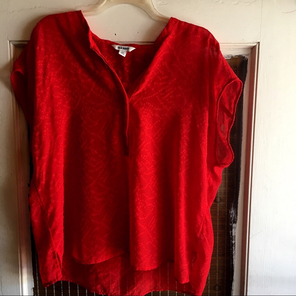 Short-sleeve red sheer blouse