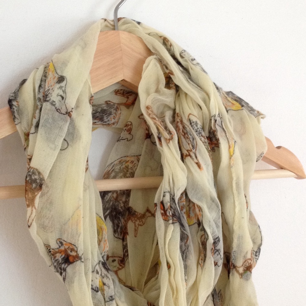 Gauzy cream scarf in bear + deer woodland print