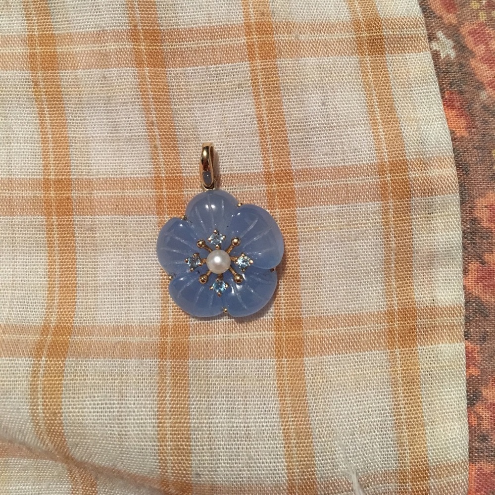 14kt blue jade, blue topaz, & seed pearl pendant