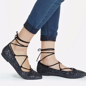 Just Fab Black Glitter Lace-Up Flats - Never Worn