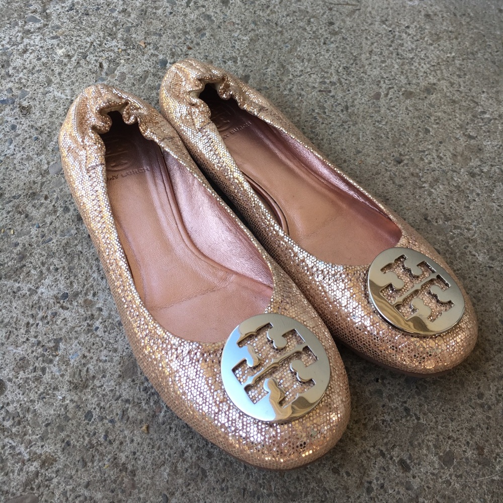 Tory Burch Reva Flats w/ Elastic Sz8 RoseGold Foil