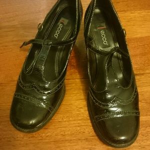 Ecco black T-strap brogue heels