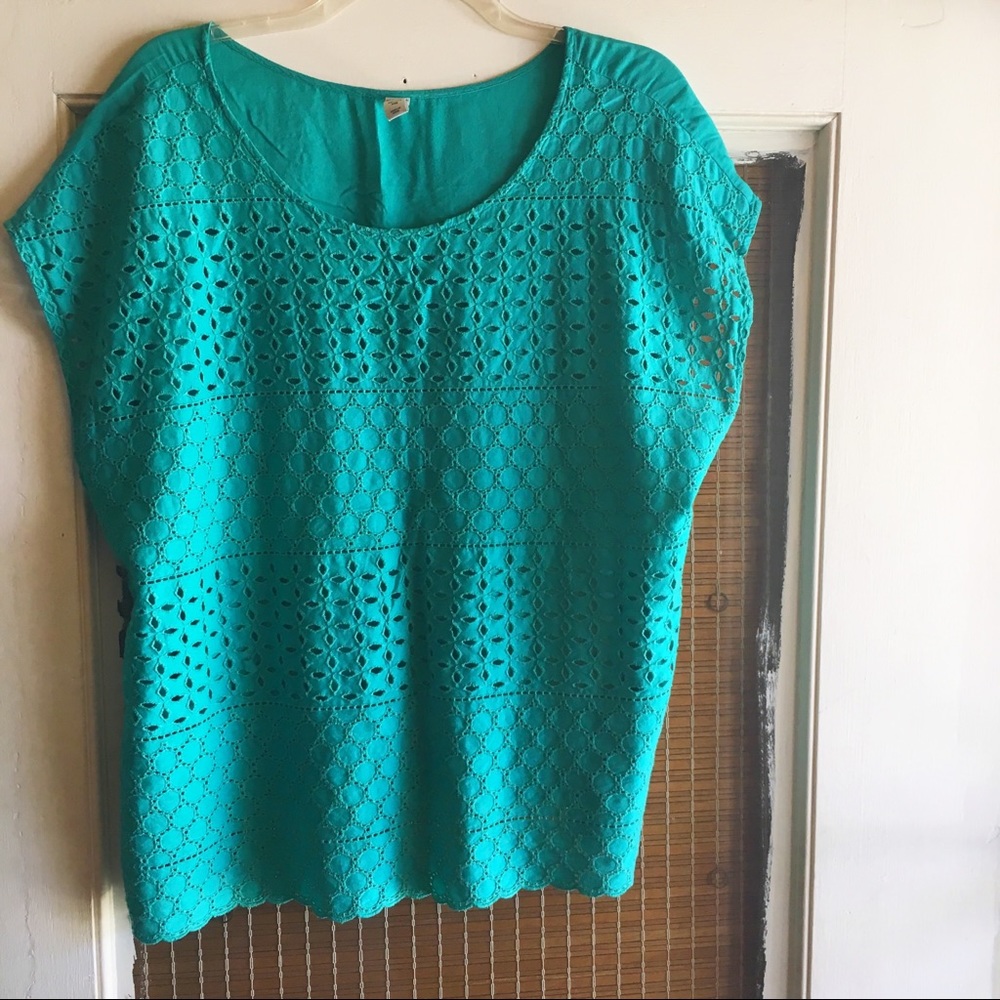 Teal eyelet lace-front short sleeve cotton top