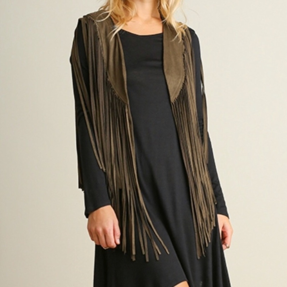 Olive Faux Suede Fringe Vest - Picture 2 of 5