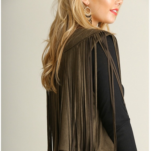 Olive Faux Suede Fringe Vest - Picture 3 of 5