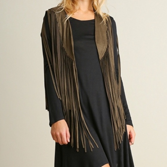 Olive Faux Suede Fringe Vest - Picture 2 of 5