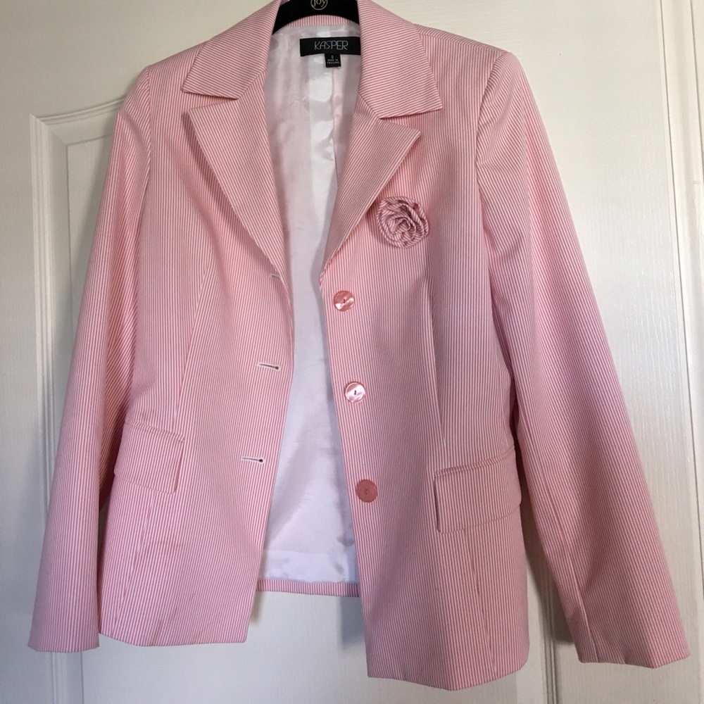 Kasper pink and white pinstripe blazer