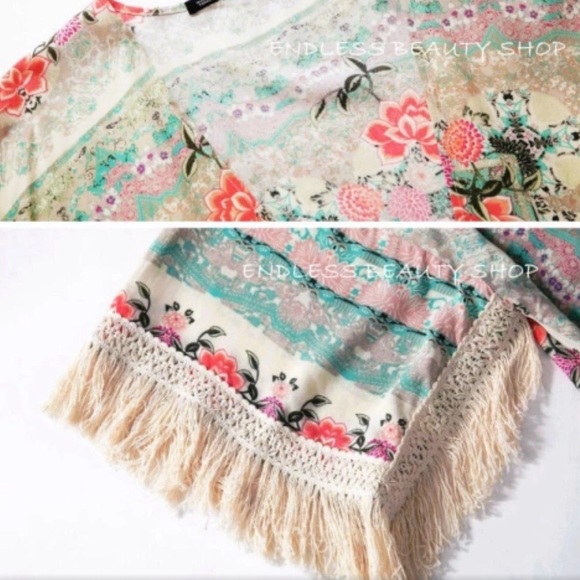 Pretty Floral Fringe Kimono Blouse Beach Coverup - Picture 3 of 8