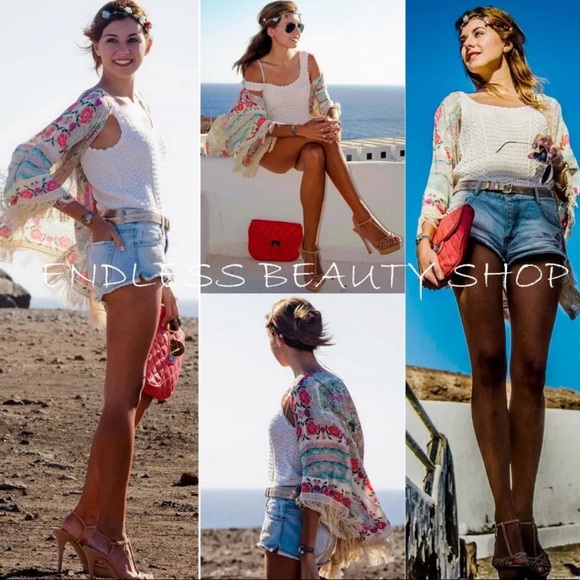 Pretty Floral Fringe Kimono Blouse Beach Coverup - Picture 5 of 8