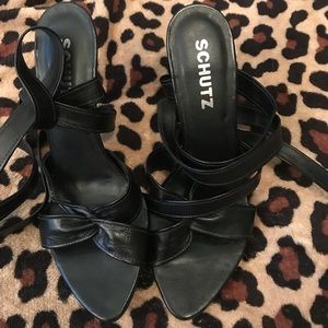 Schultz Black Tie around the ankle open toe heels