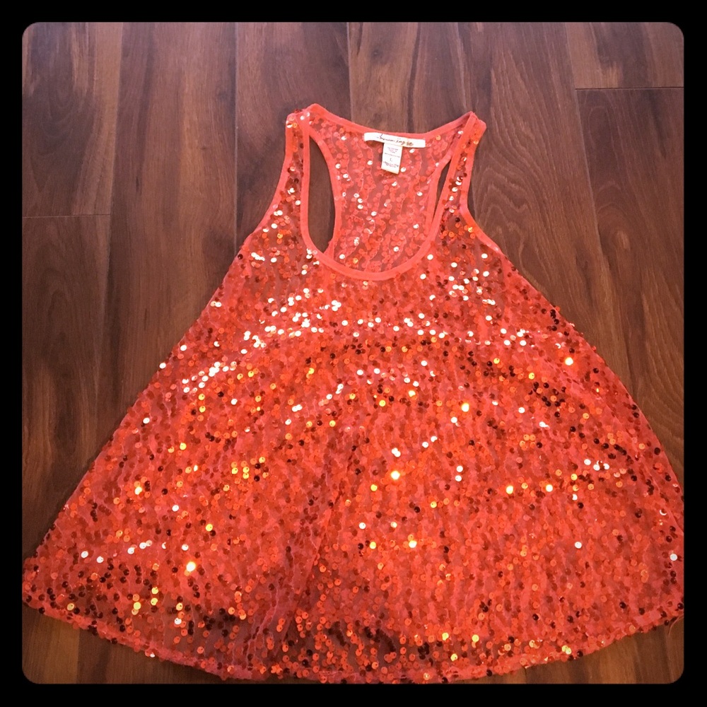 Sheer sequin red/gold. Racerback top