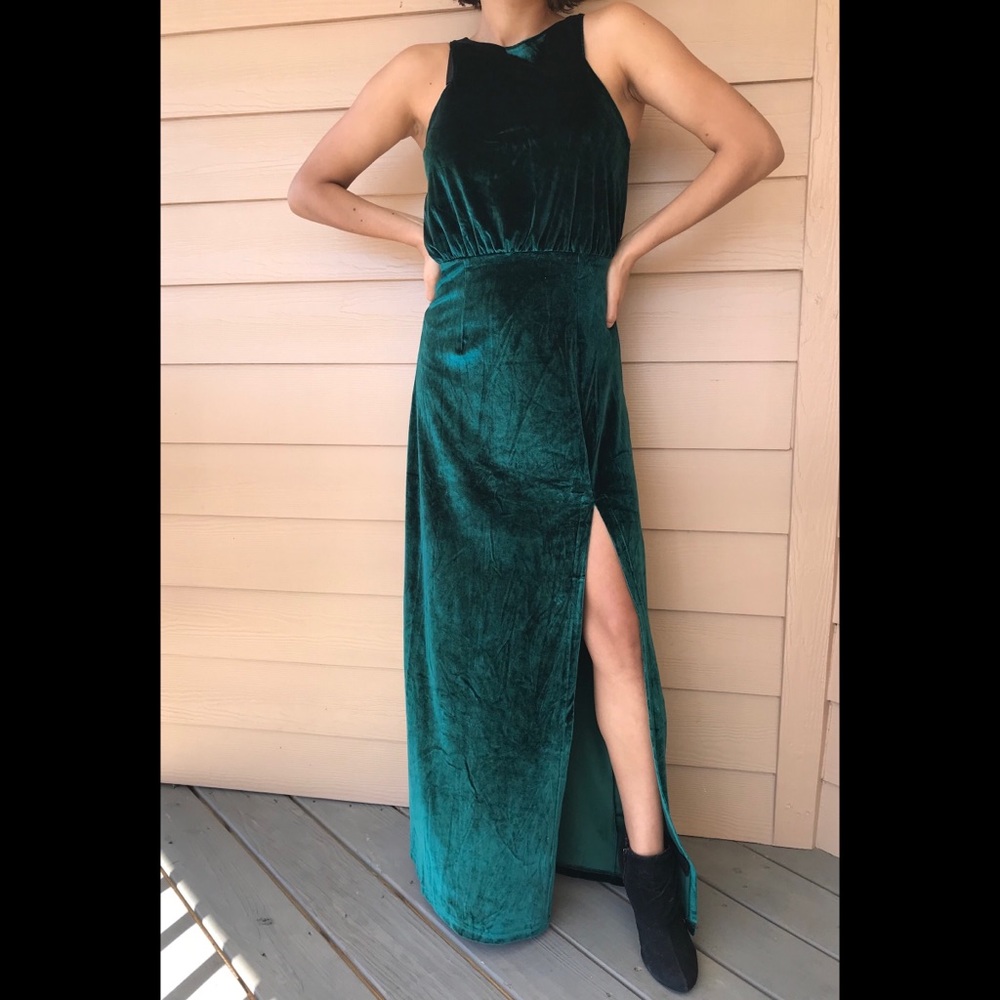 Green Velvet Split Leg Maxi Dress