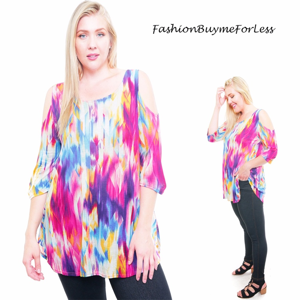 Plus Hippie Tie Dye Open Shoulder Swing Tunic Top