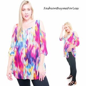 Plus Hippie Tie Dye Open Shoulder Swing Tunic Top
