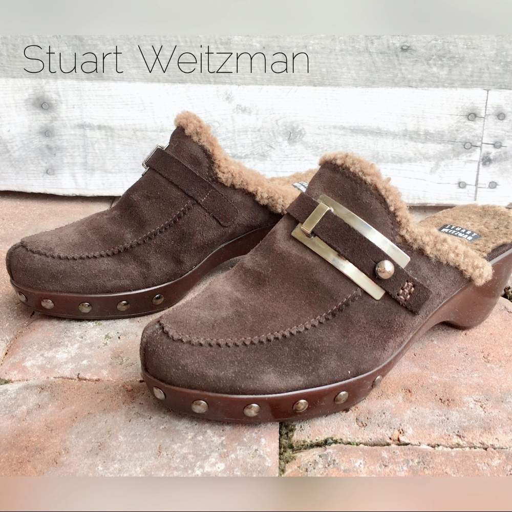 Barcelona shearling suede mules clogs studded