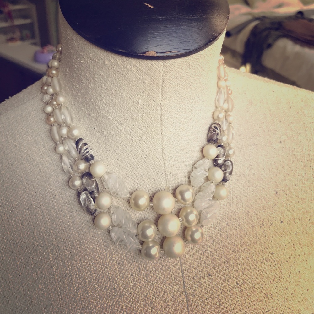Ivory and clear toned beaded tri-strand necklace