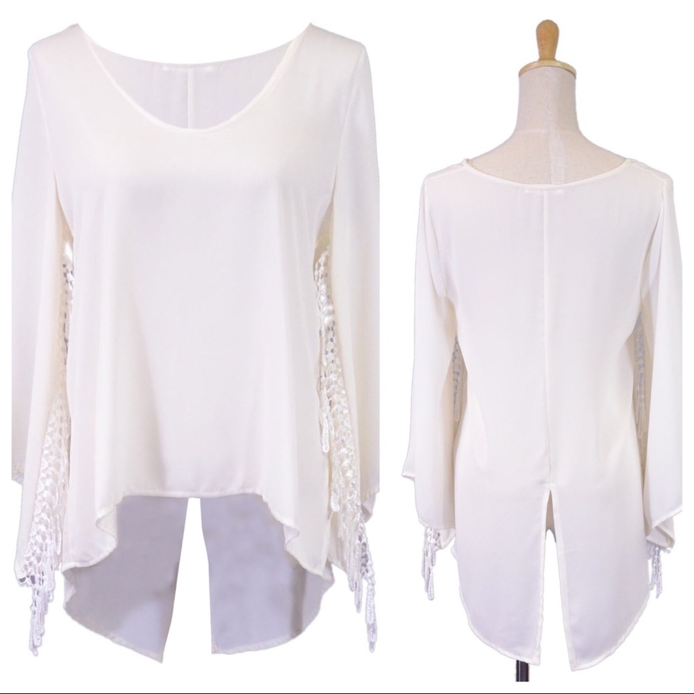 Lush Hi-Low Chiffon Blouse w/Fringe Sleeve